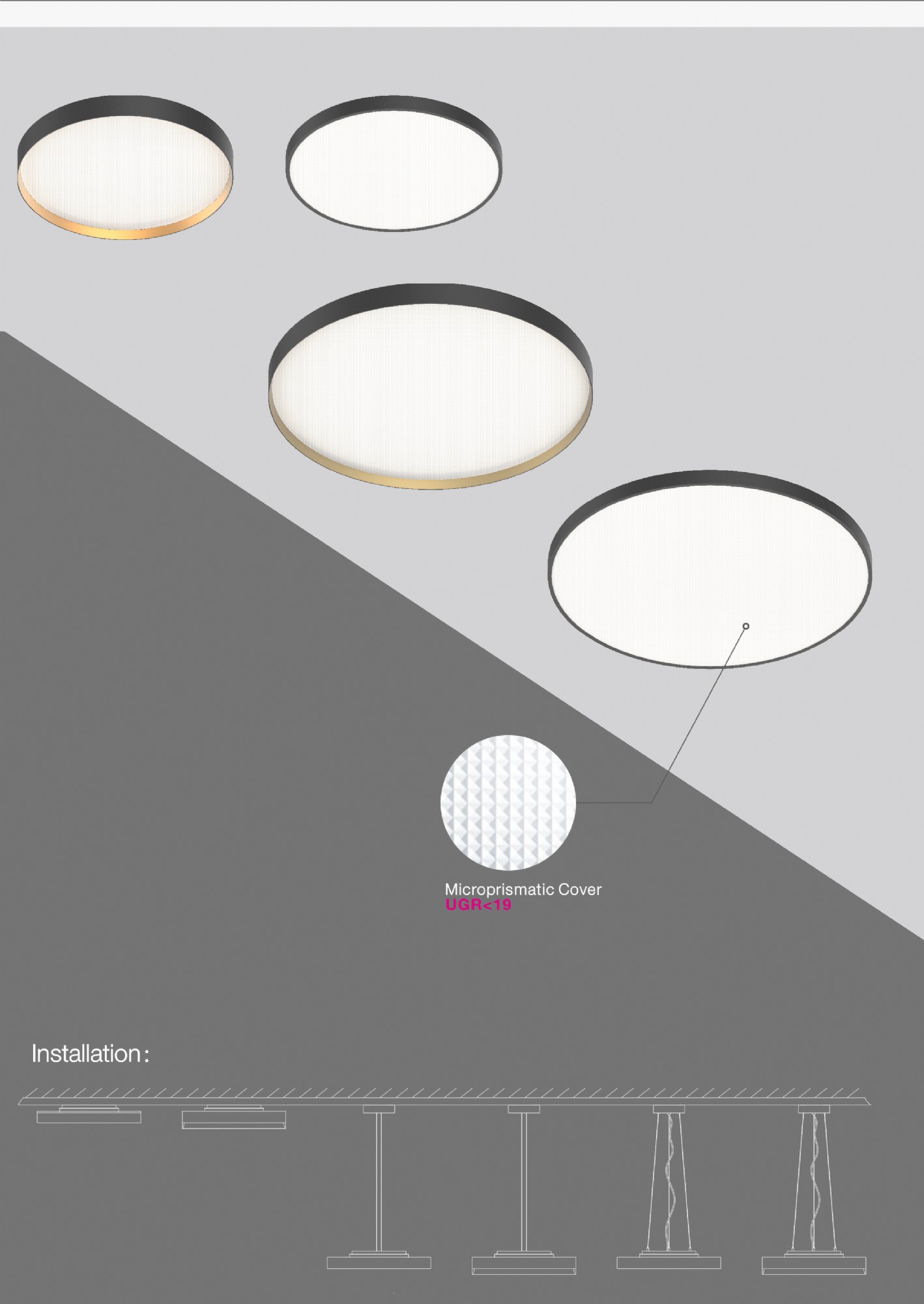 LED påbygnings lampe dæmpbar op til 900mm uplight loftlampe sort med guld kant, hvid med guld kant, sort og hvid, Sugar og Game fra Neko DELUX DENMARK