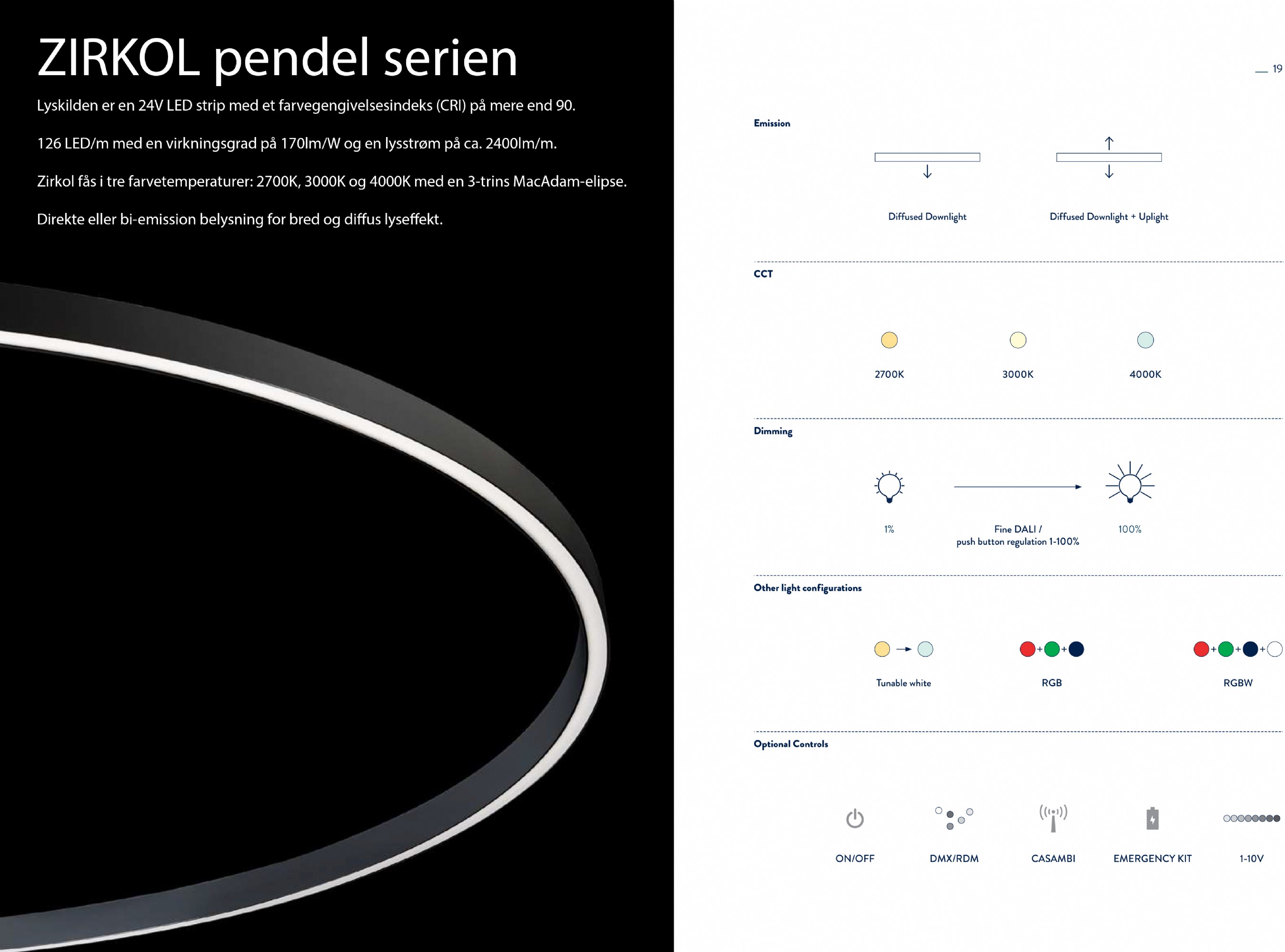 Store LED pendler op til Ø500 DALI dæmpbar tuneble white RGBW IP40 IP41 24V 2700-3000-4000 Kelvin