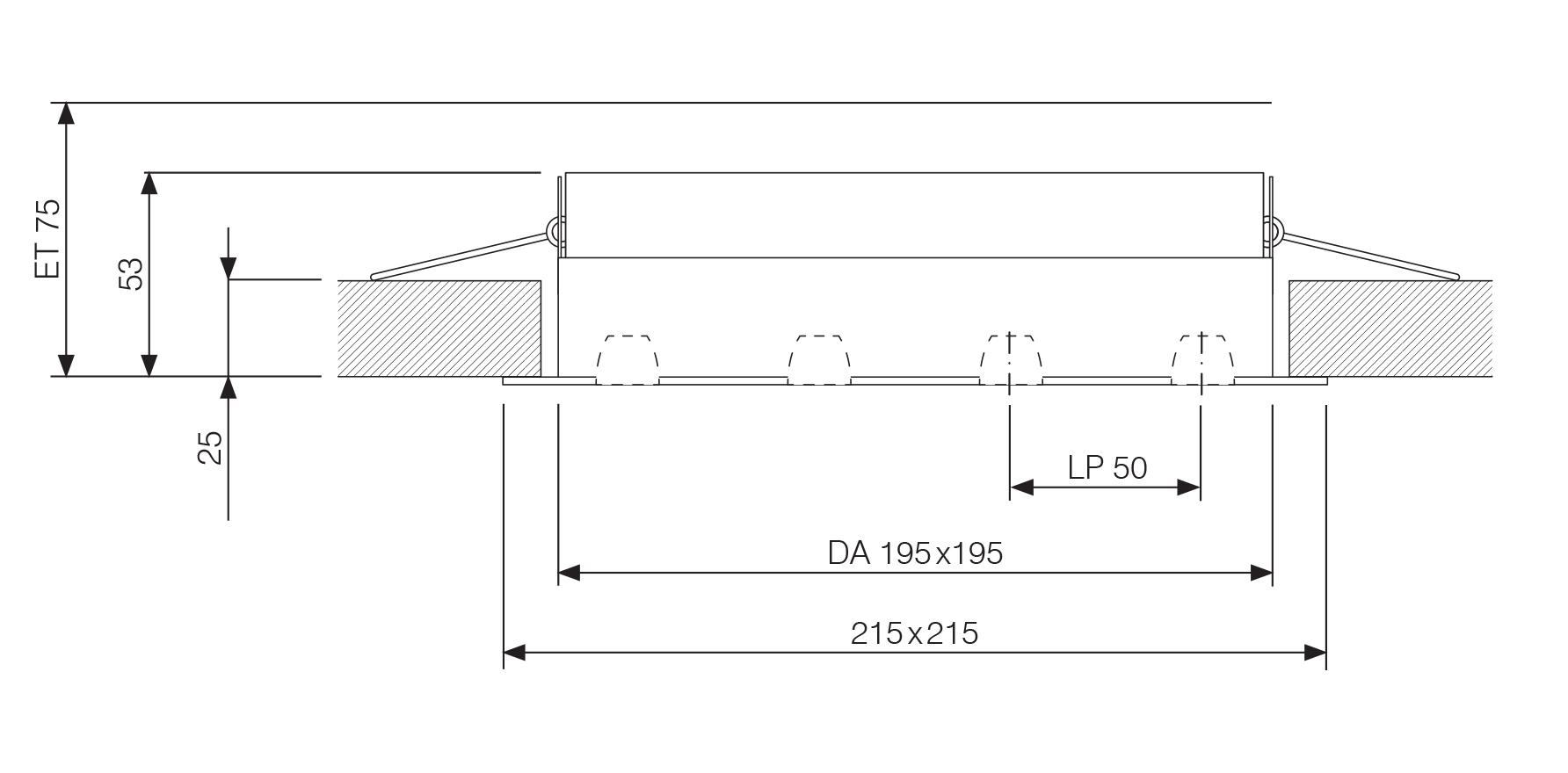 High Power LED downlight med lav indbygningsdybde dynamisk belysning Square 4x4 LP50 fra Projektleuchten DELUX DENMAK